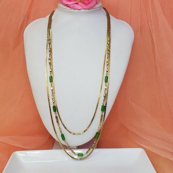 Vintage Gold Tone 3- Strand Chain Necklace 25" Statement Chain Green Glass Beads - Picture 12 of 12